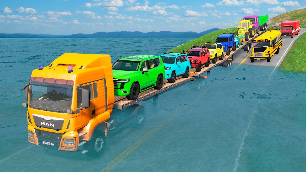 Triple Flatbed Trailer McQueen Transportation with Truck - Speedbumps vs Cars vs Train - BeamNG #246