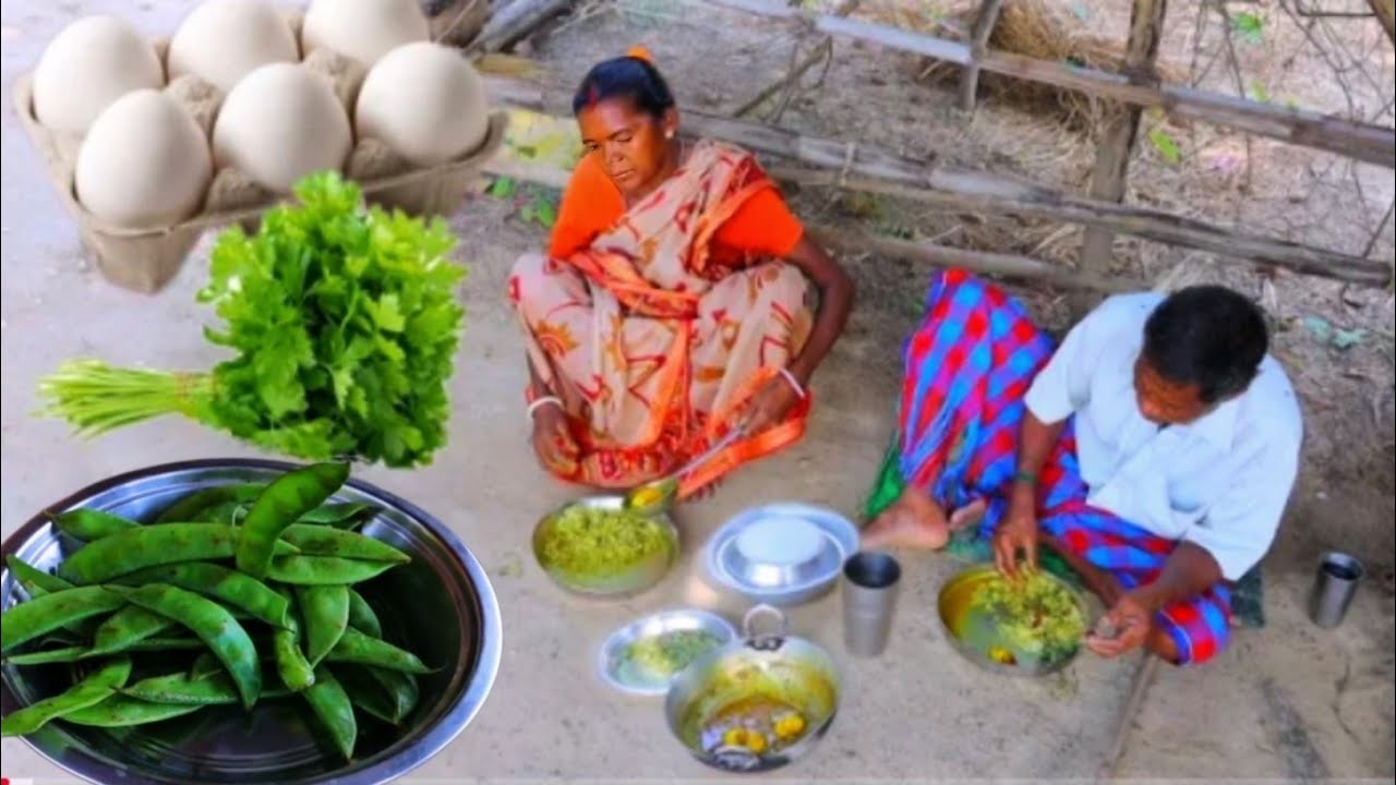 DHANIYA EGG CURRY and sim vorta recipe || cooking and eating by santali tribe old couple #eggcurry 