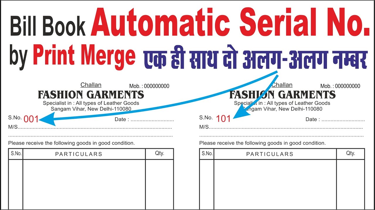 Bill Book Automatic Serial No. | Print Merge