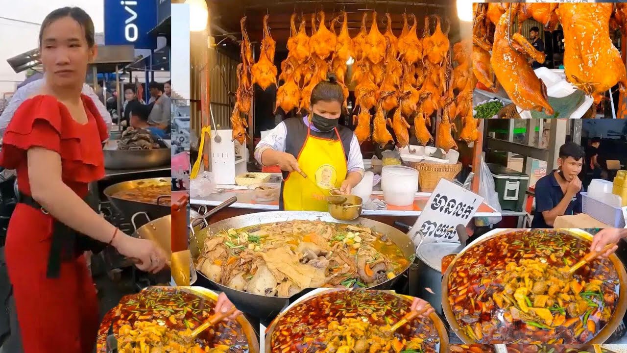 Delicious Grilled Duck, Chicken, Beef Belly, Duck, Chicken Vegetables Soup - Cambodian Street Food