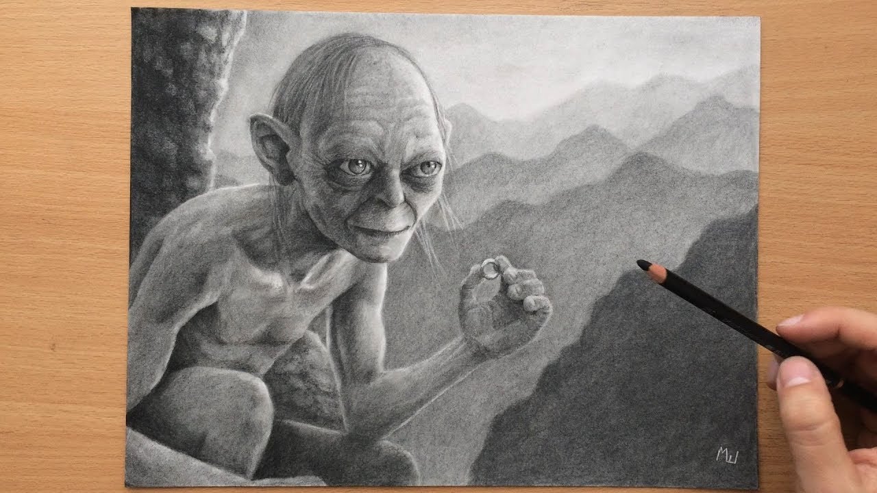 Charcoal Drawing of Gollum in the Misty Mountains - The Lord of the Rings Art