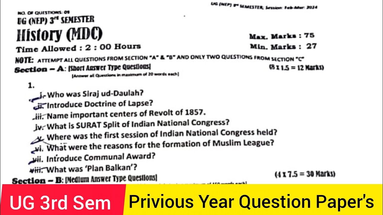 UG 3rd Sem History MDC Question Paper Kashmir University || History MDC Question paper previous year