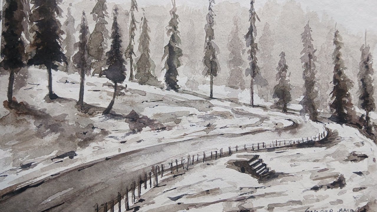 Winter season simple scenery drawing with watercolor | water coloring painting tutorial landscape |