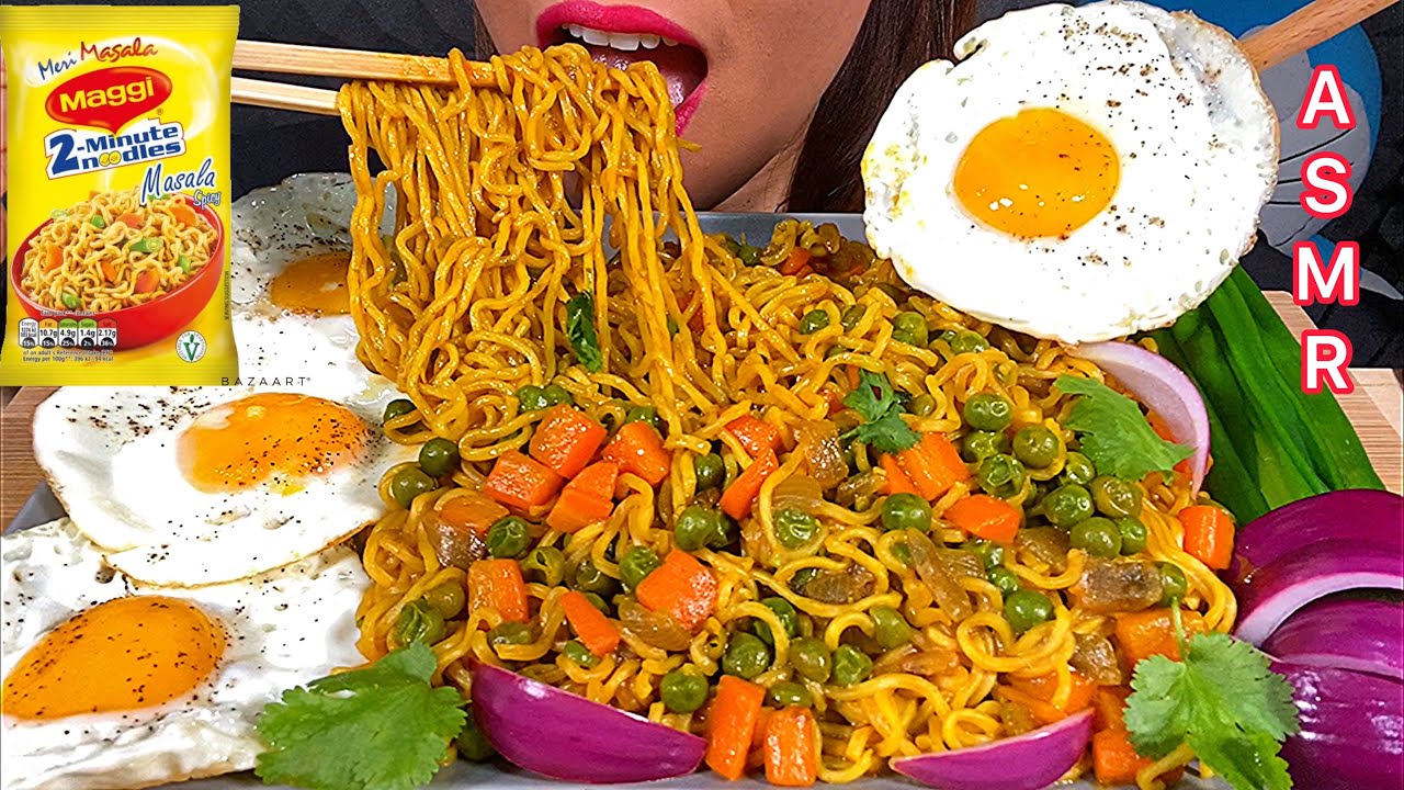 EATING MAGGI MASALA NOODLES, FRIED EGGS, SPRING ONION & RAW ONION ASMR Eating Sounds