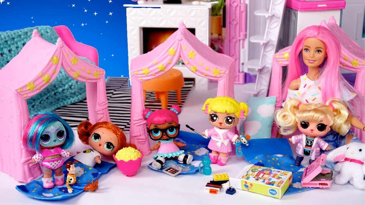 Barbie Doll LOL Family   Baby Goldie  First Slumber Party in the New Barbie House!