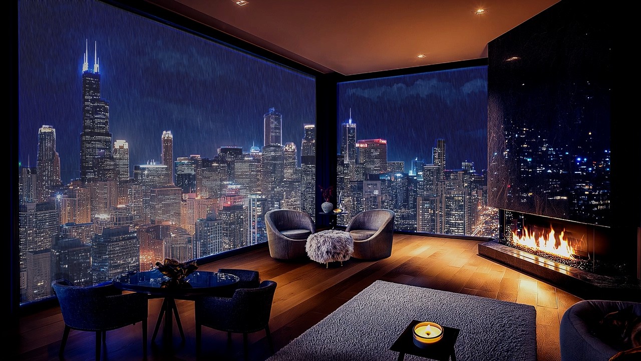 Chicago Rain Ambience in Luxury Penthouse 🌧️ Rain and Fireplace Sounds for Sleep (2 Hours)