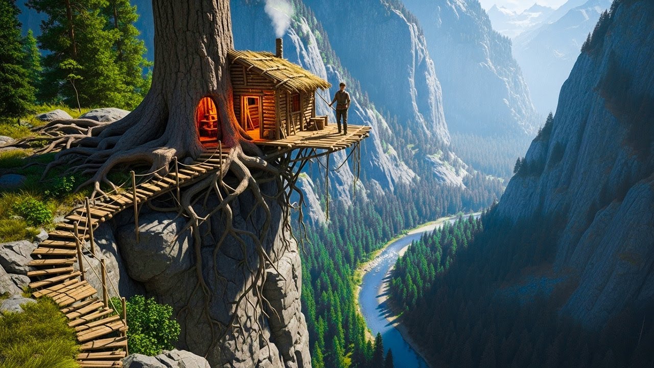 Building a Cozy Tree Cliff House Above a Deep Valley / Solo Survival From Start to Finish