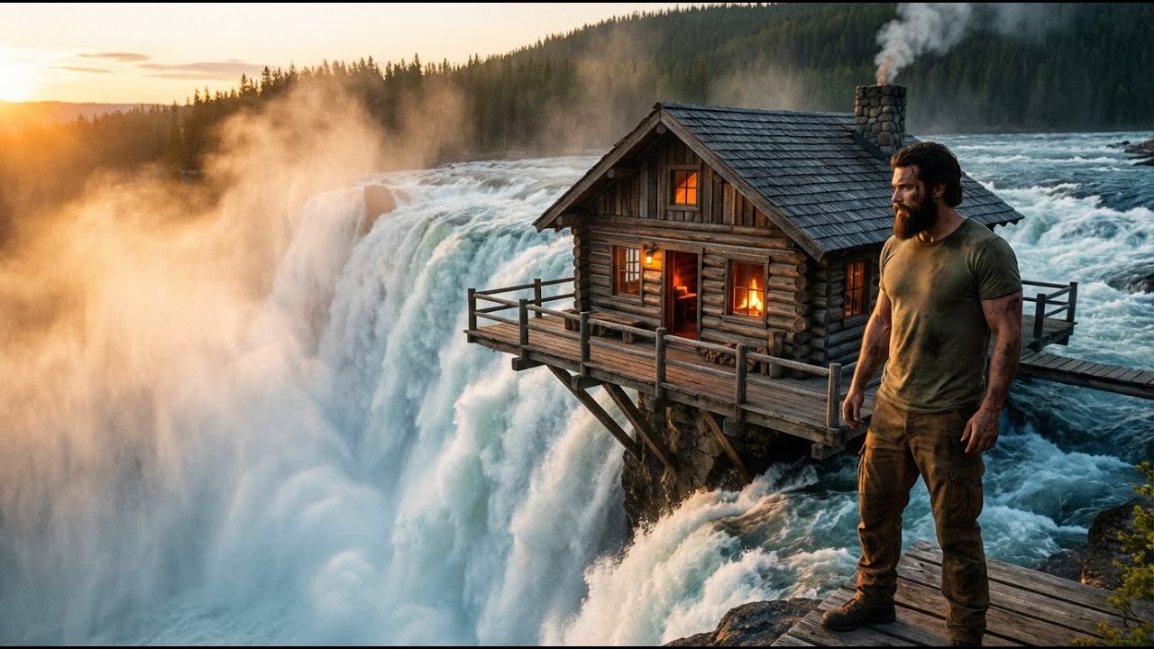 Man on a Precarious Cabin Deck Overlooking a Roaring White-Water Waterfall During a Golden Sunset