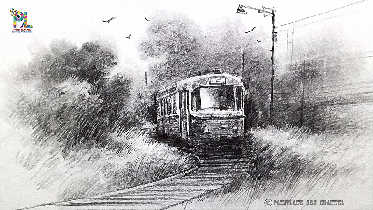 How to draw Realistic Pencil Sketch of a Train | Easy & Beautiful Landscape Drawing Tutorial