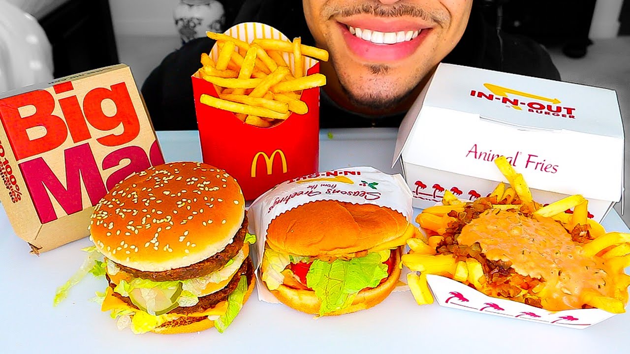 ASMR MCDONALD'S VS IN N OUT BURGER JERRY EATING SOUNDS BIG MAC ANIMAL STYLE FRIES NO TALK MUKBANG 먹방