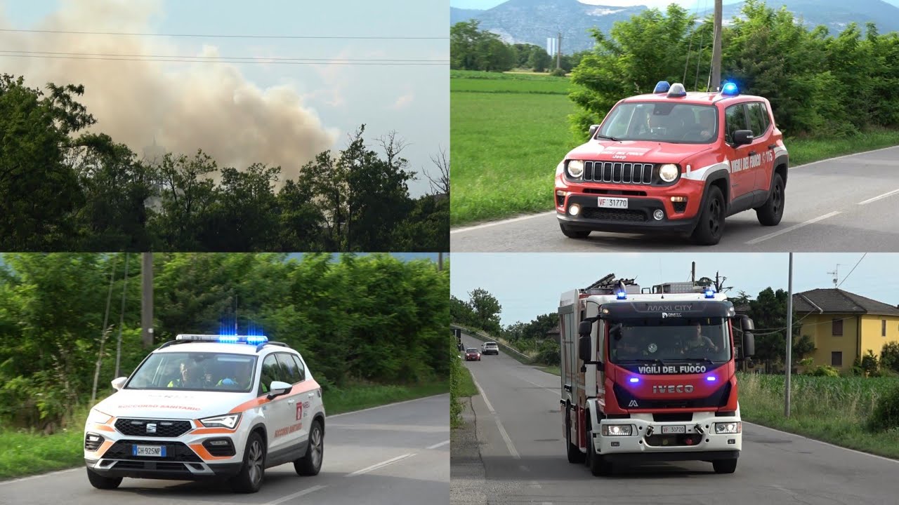 Incendio fienile A Calcinato Arrivo Vigili del fuoco Brescia In sirena + msa e Cosp Mazzano