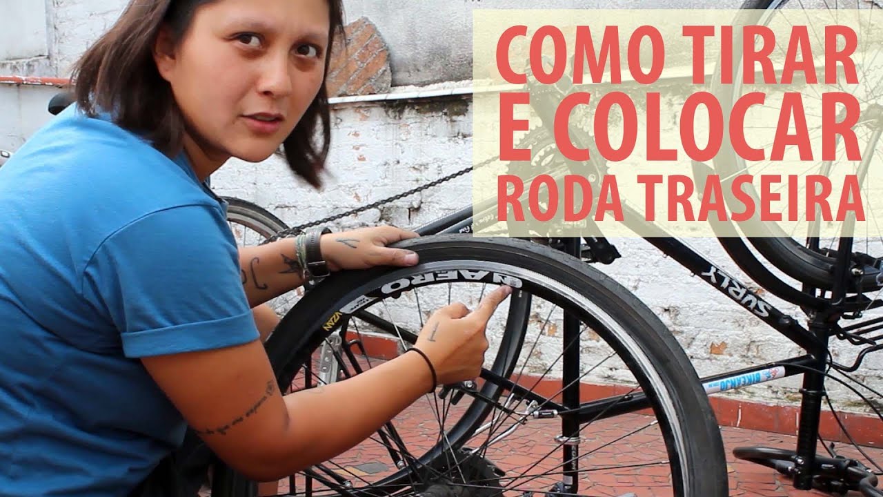 Como tirar e colocar roda traseira de bicicleta e trocar câmara de ar furada (com legenda em PT-BR)