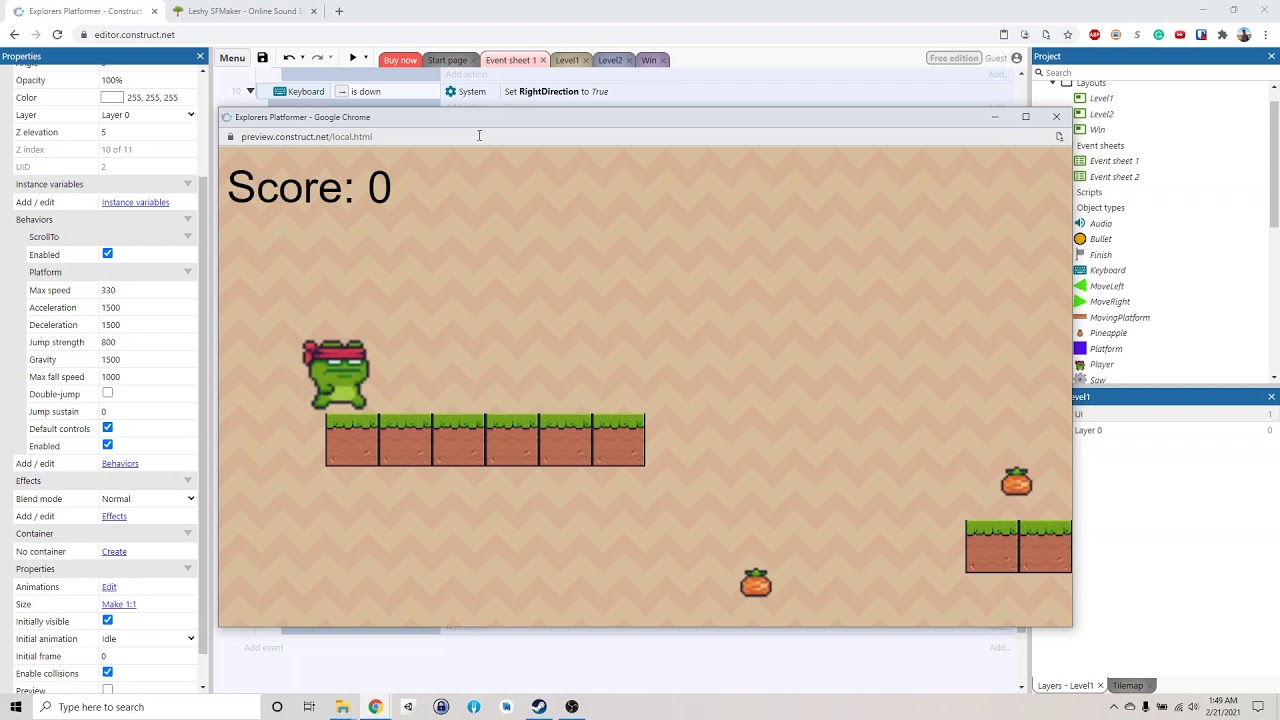 Construct 3 Platformer Tutorial - 21 Adding Bullet Shooting System and Fix Idle Animation Direction