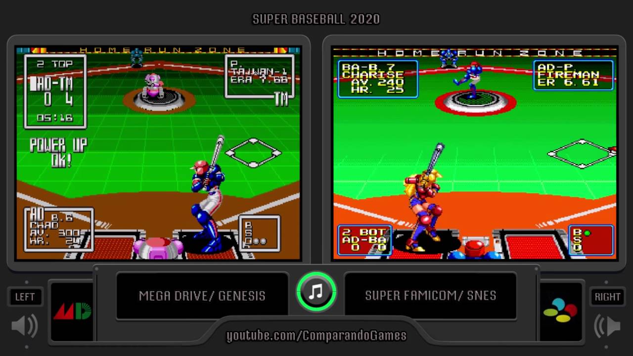 Super Baseball 2020 (Sega Genesis vs Snes) Side by Side Comparison (Mega Drive vs Super Famicom)