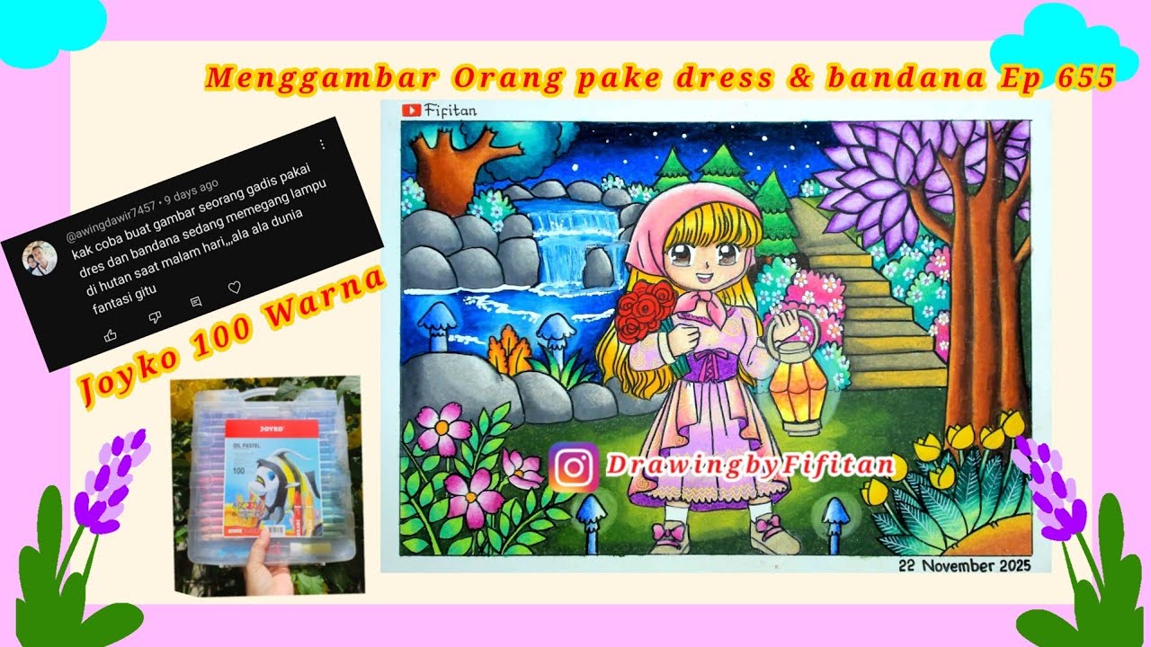 Cara Menggambar Perempuan memakai dress dam bandana Di malam hari ep 655