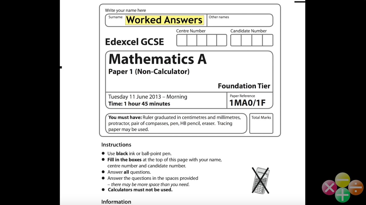 GCSE Maths Edexcel Foundation Non-Calculator June 2013 (worked answers)