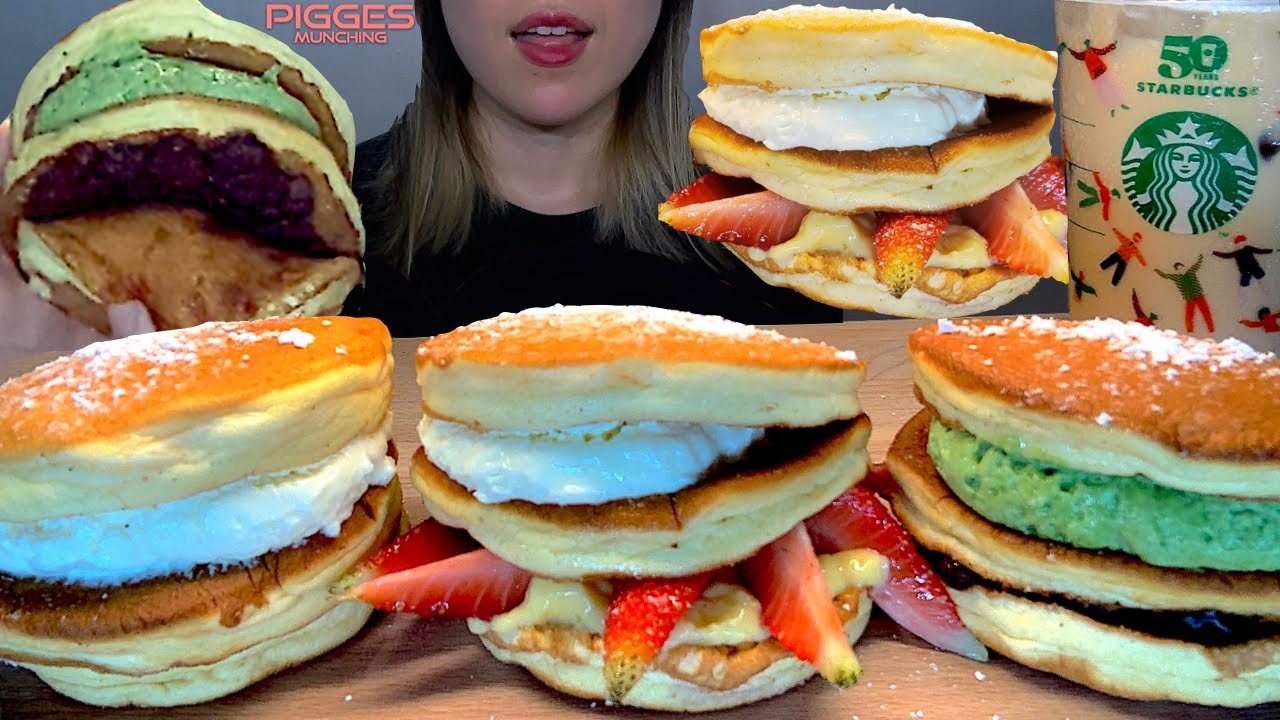 ASMR SOUFFLE CREAM PANCAKE BURGER (PANCAKE DORAYAKI) MUKBANG Dessert Eating Sounds