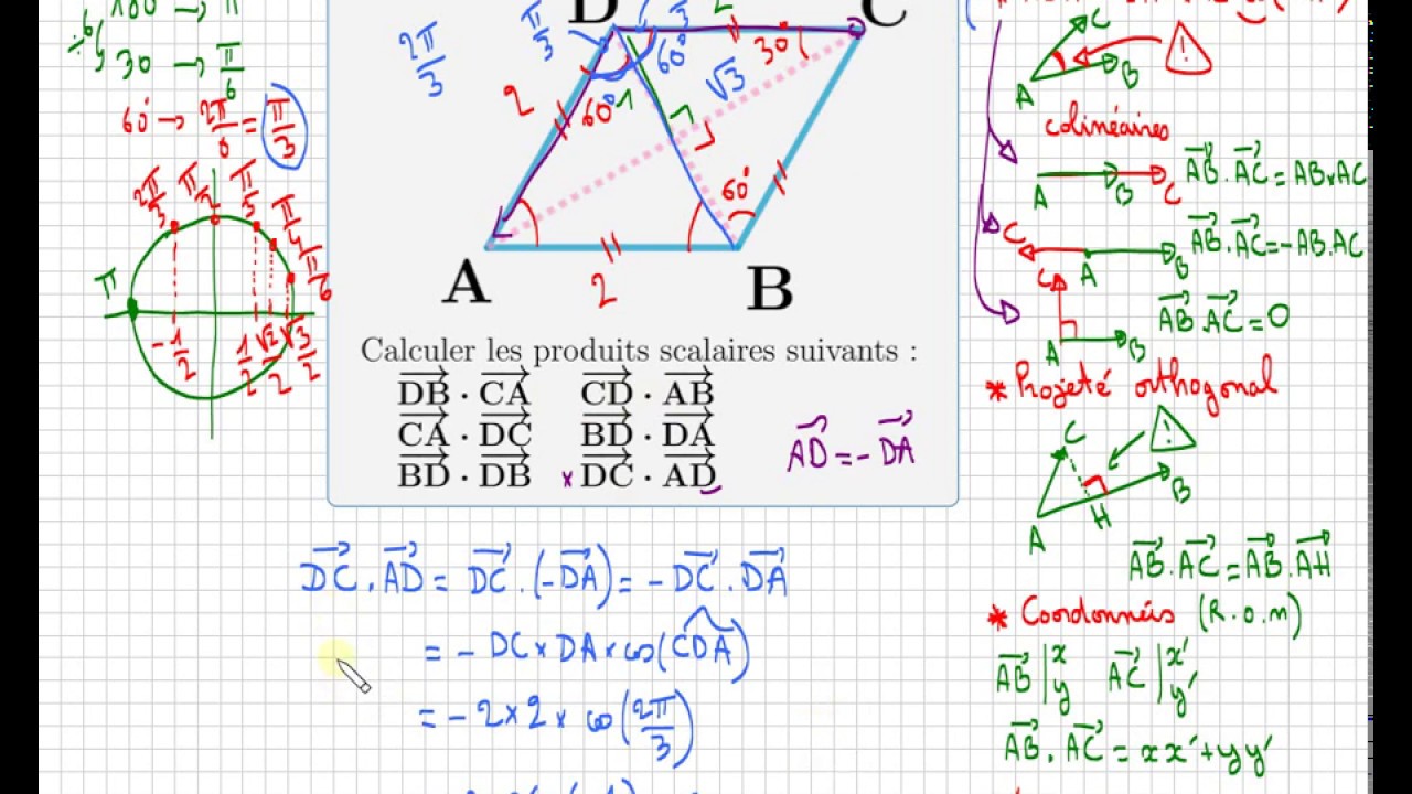 Savoir calculer un produit scalaire avec la formule du cosinus • exercice première spécialité maths