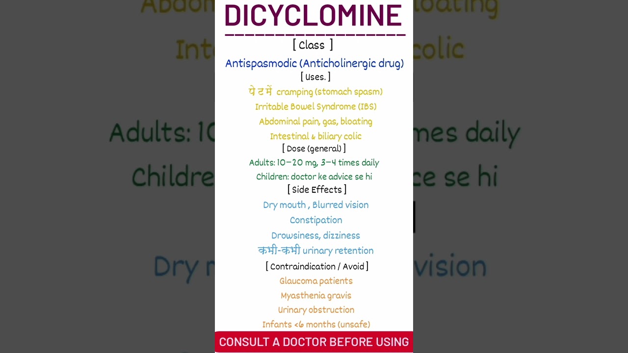 Dicyclomine Uses, Dose & Side Effects | Antispasmodic Medicine Explained #shorts Dicyclomine