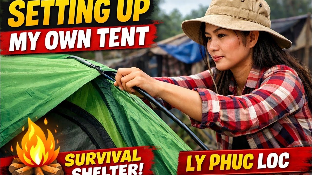 Single woman sets up her own tent for temporary shelter. Ly Phuc Loc