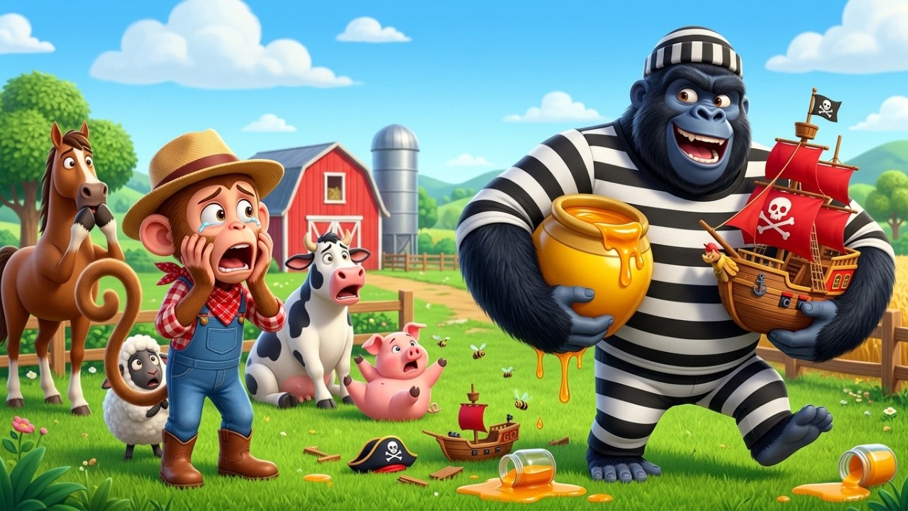 Funny Monkey | Giant Gorilla Stole Nino's Honey & The Pirate Ship! | Monkey Cartoon
