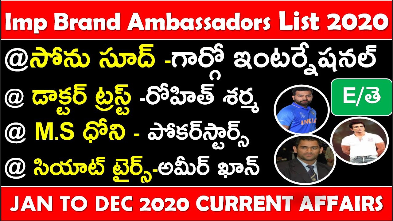 Imp Brand Ambassadors in India List 2020 In Telugu | rrb ntpc  | rrc group d |  competitive exams