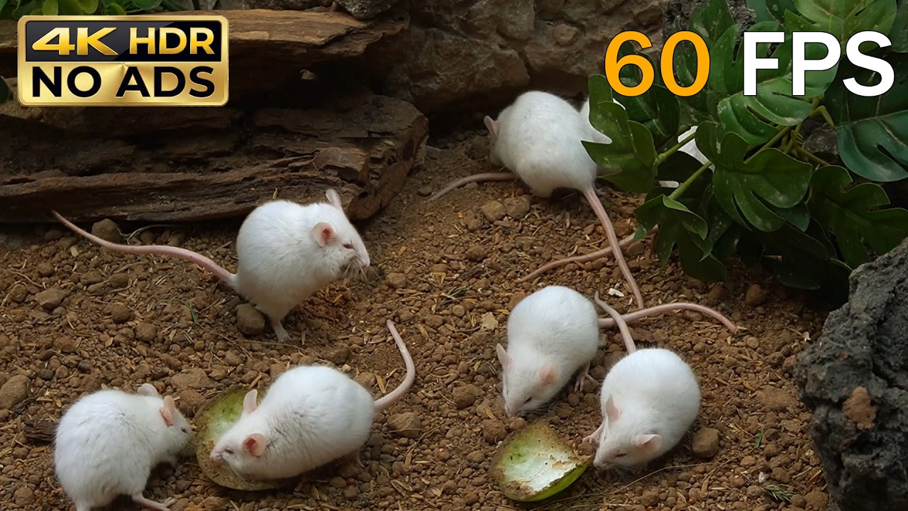 [NO ADS] CAT TV 😺 White Mice Fruit Picnic: Nibbling Green Rinds on Garden Pebbles 🐭 4K 60FPS