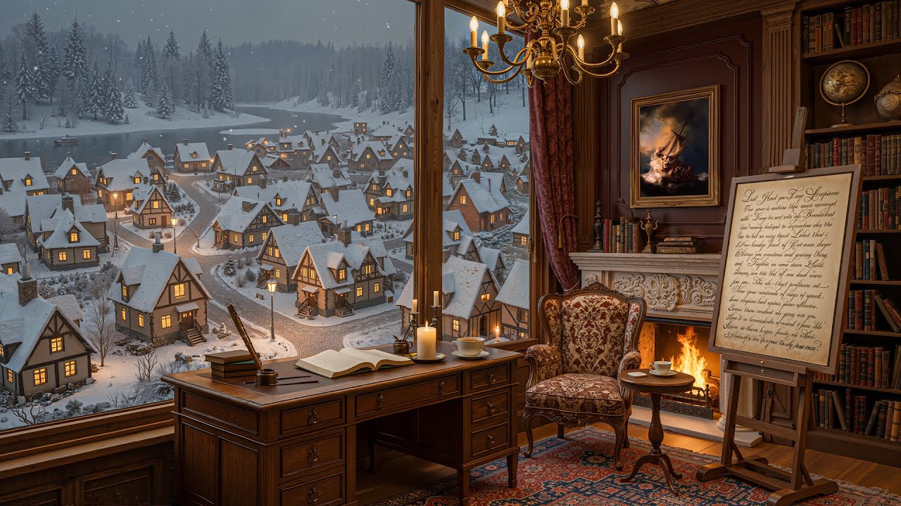 Winter Chamber Jazz for Quiet Reflection – Cozy Wooden Library Jazz with Fireplace and Snowy Village