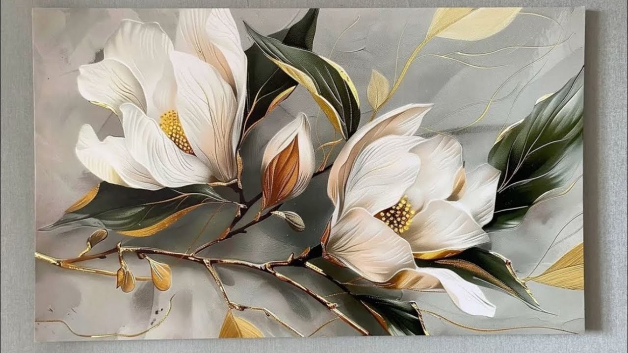 Magnolias with texture paste | Volumetric painting with magnolias | Bas-relief and gold on canvas