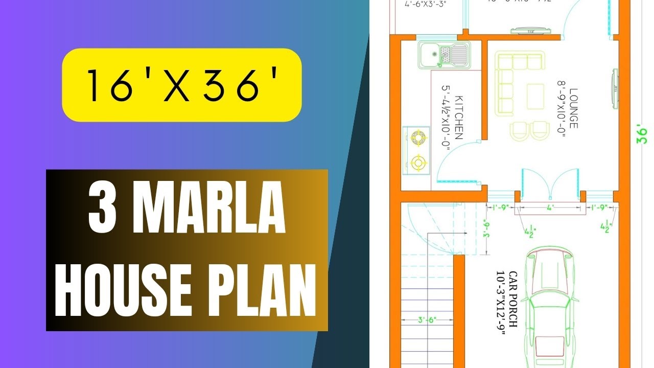 16X36 house Plan | 16*36 Home Plan | 3 Marla House Plan | 576 SQFT Map with 1bhk Parking.