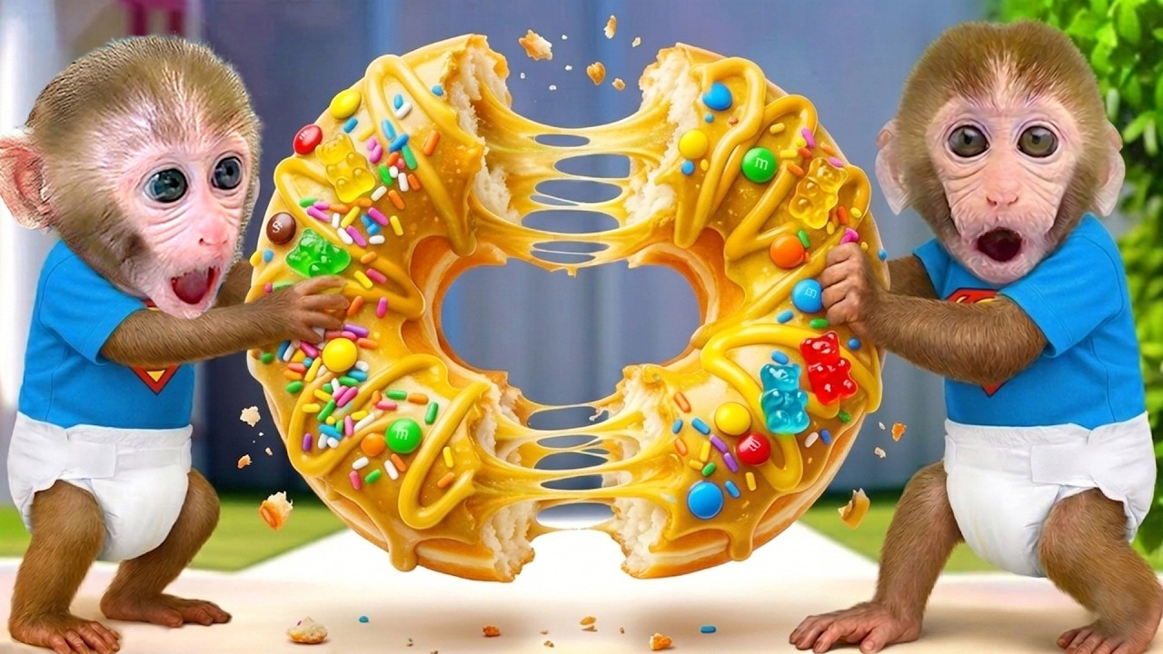 Monkey Bon Bon Makes Giant Donuts and Share with Baby Monkey
