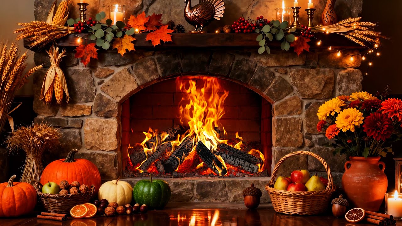 Thanksgiving Fireplace Ambience 🦃 Fireplace Crackling & Gentle Winter Wind for Sleep