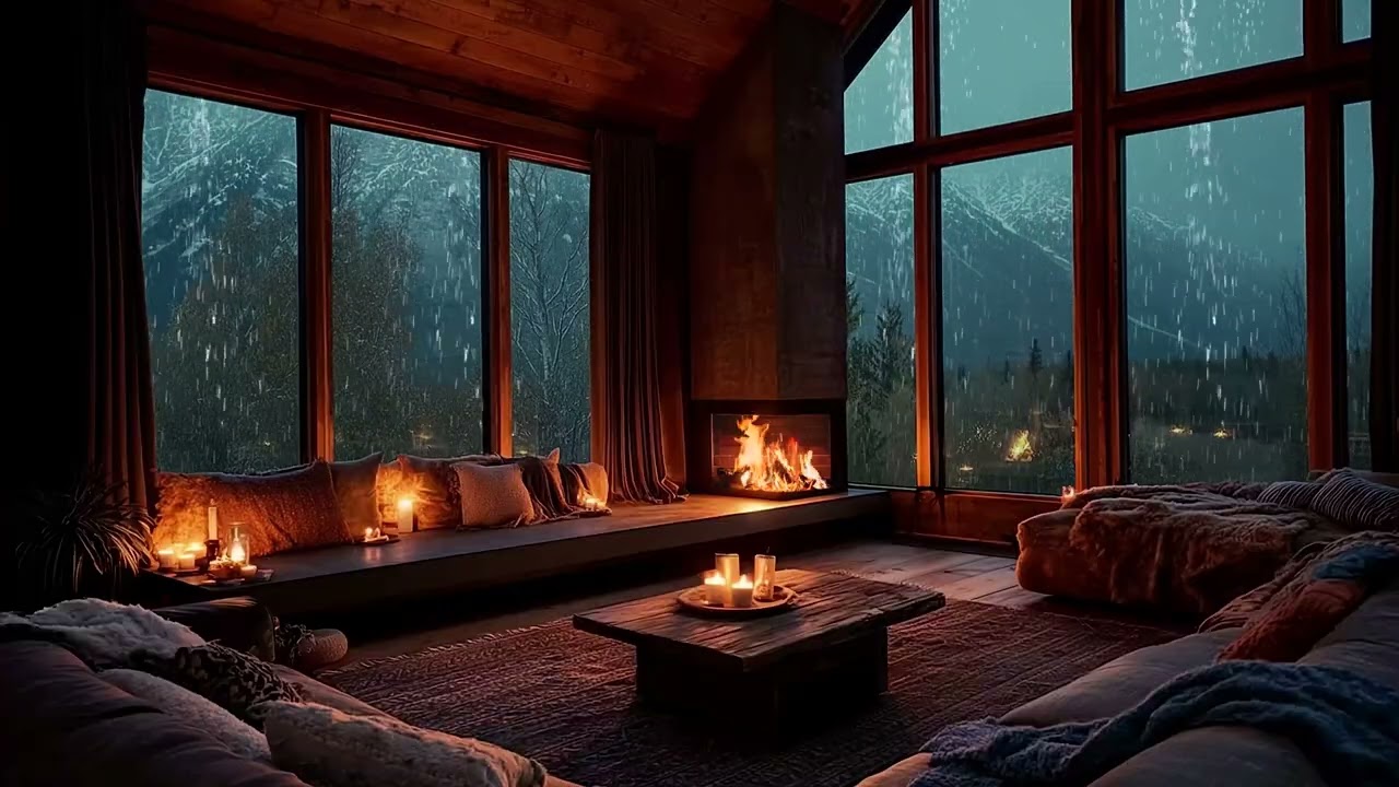 Rain and crackling fire sounds cozy cabin ambience for peaceful night sleep