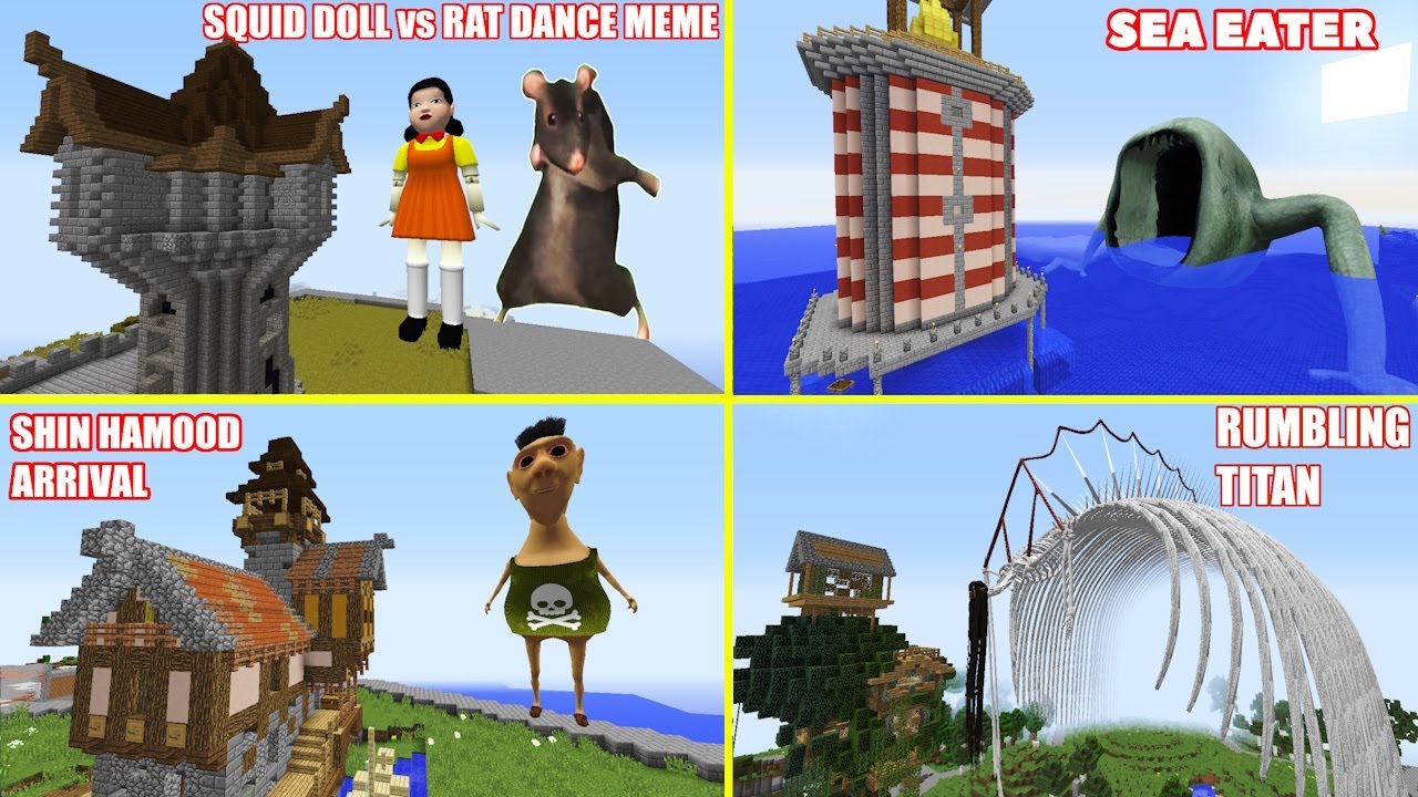 SURVIVING FROM SEA EATER, HAMOOD, SQUID DOLL, DANCING RAT in Minecraft - Gameplay Coffin meme!