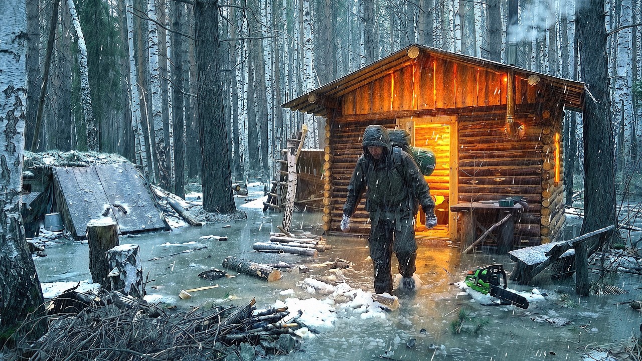 Cold Snow & Flooded Shelter &ndash; Solo Bushcraft Night in the Forest. Ep 18.