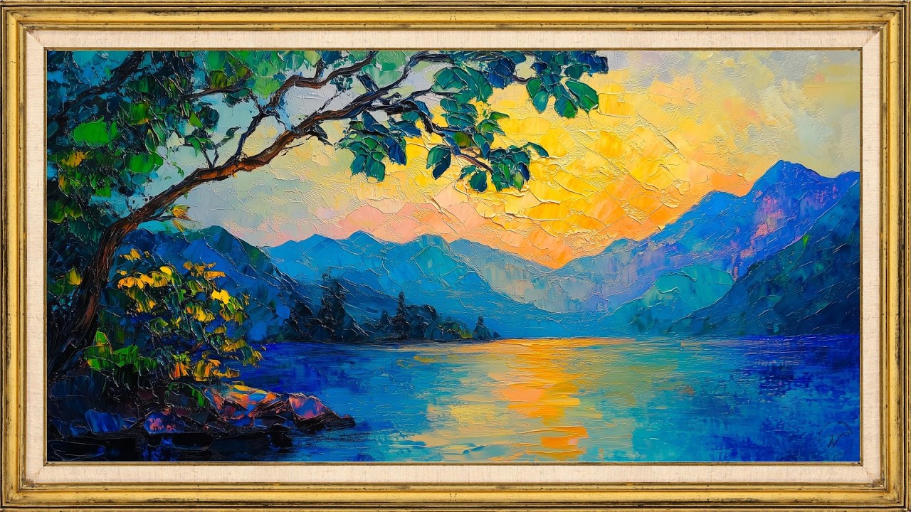 Golden Sunset Lake Landscape |2 Hours Relaxing TV Frame Art Screensaver (Mountains & Water Painting)