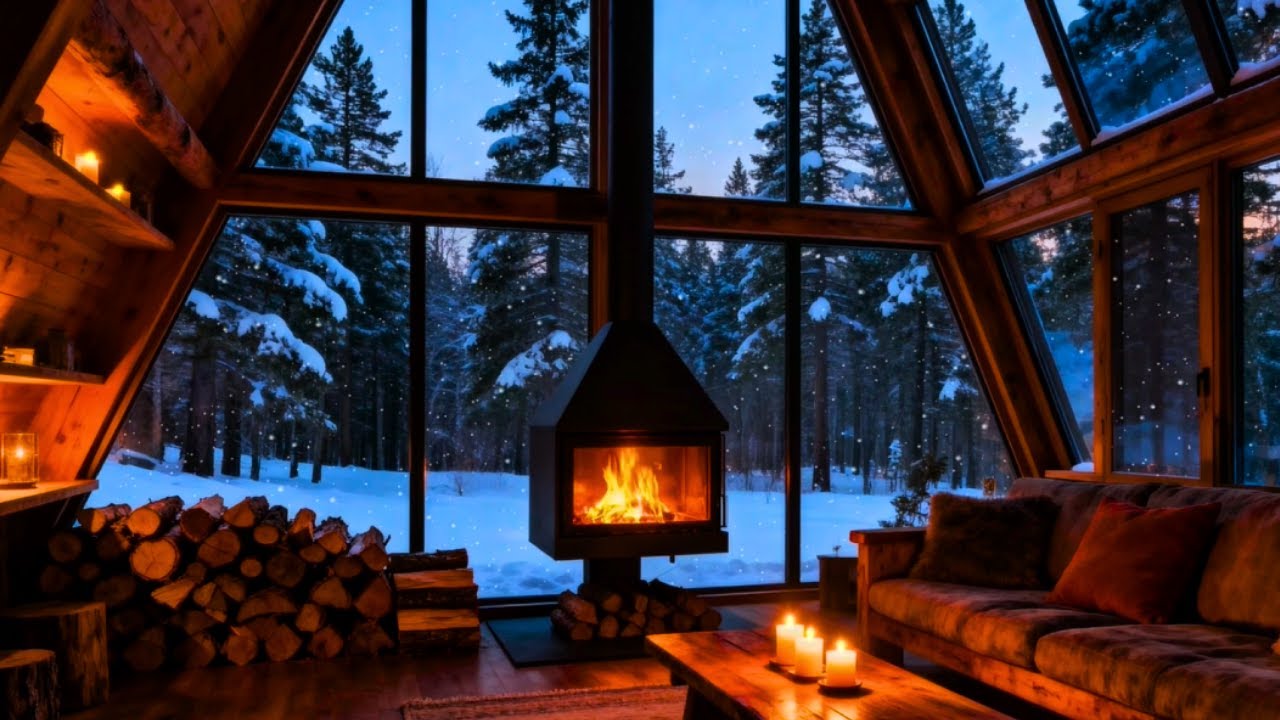 🔥Cozy Fireplace Crackling 24/7 | ❄️Snowy Cabin Views | Winter Ambience