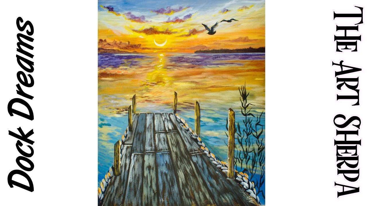 How to paint a Sunset over Water with pier Acrylic Painting on Canvas for Beginners | TheArtSherpa