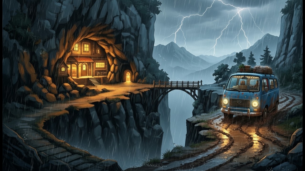 Stormy Family Journey to a Cliffside Cave | Ghibli Style ASMR