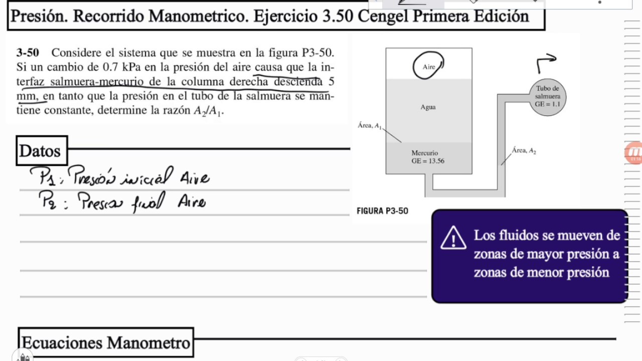 Presión. Recorrido Manometrico. Ejercicio 9 (3.50 Cengel Primera Edición)