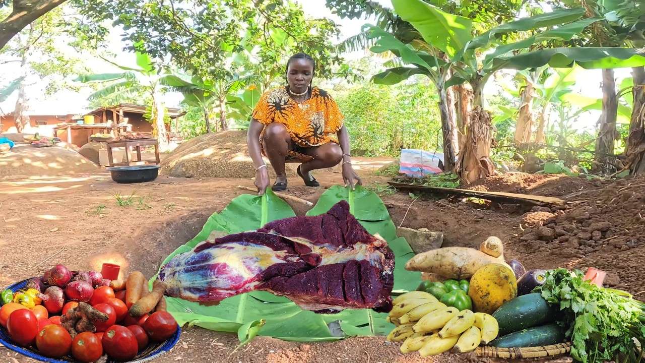 Roasting A Huge Beef Thigh UNDERGROUND with Hot Stones for My Family | African Village Cooking 