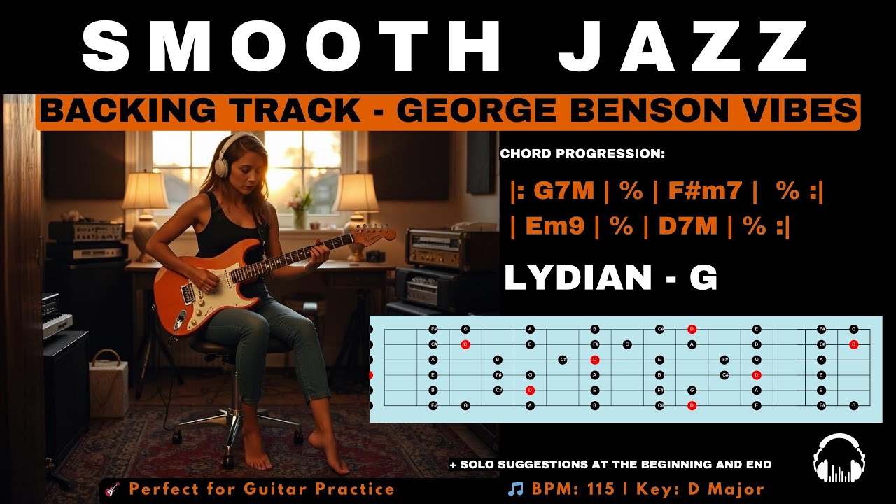 Backing Track in D major - Smooth Jazz George Benson Vibes 115 Bpm (G Lydian)