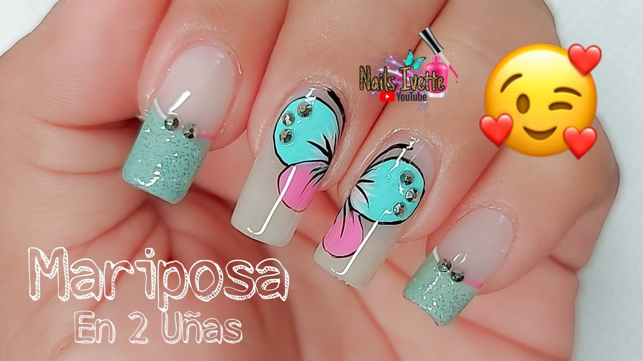 Decoración de uñas mariposa en 2 uñas / uñas sencillas y elegantes en tono pastel / uñas color acua