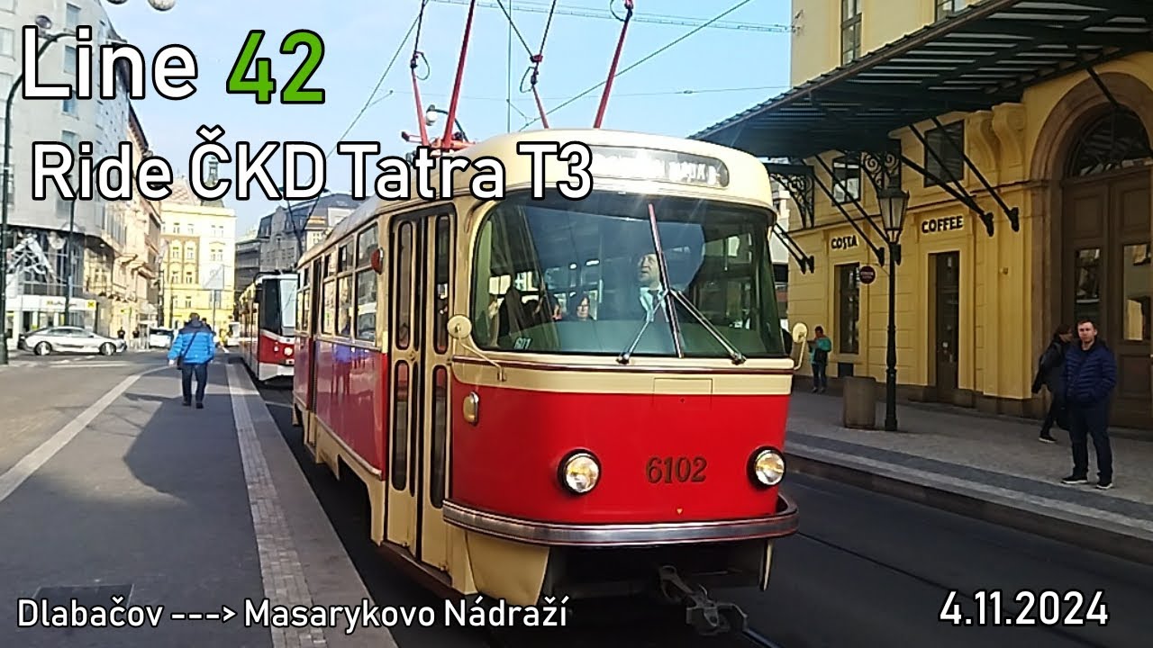 Line 42 Ride ČKD Tatra T3 to Masarykovo Nádraží