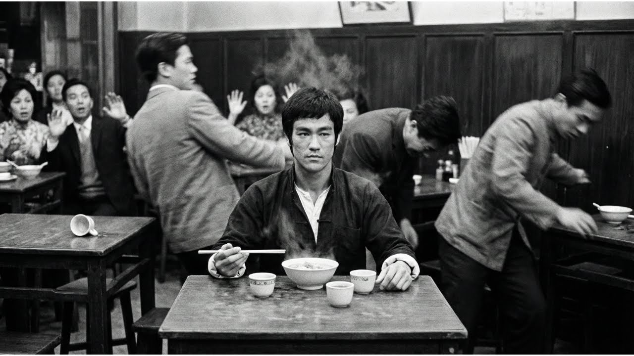 Bruce Lee aß, als drei Männer zu kämpfen begannen–6 Sekunden später beendete er es, ohne aufzustehen