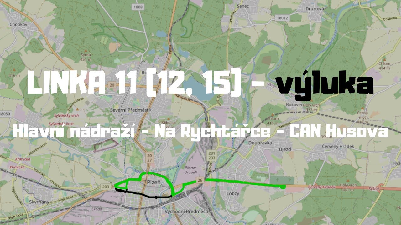 [Plzeň] {Výluka} Linka 11 (12, 15) | Hlavní nádraží - CAN Husova | pohled zepředu