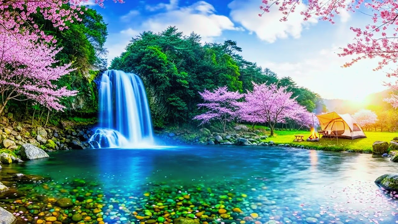 Blue Mountain Waterfall Camp | Sakura Night Relaxing Music