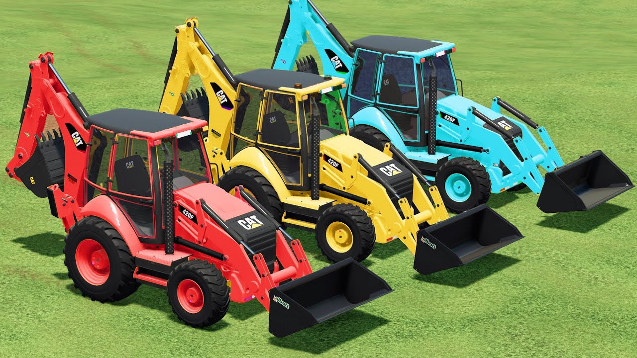 LOADER OF COLORS ! TRANSPORTING & GRASS LOADING with CAT BACKHOE LOADERS ! Farming Simulator 22