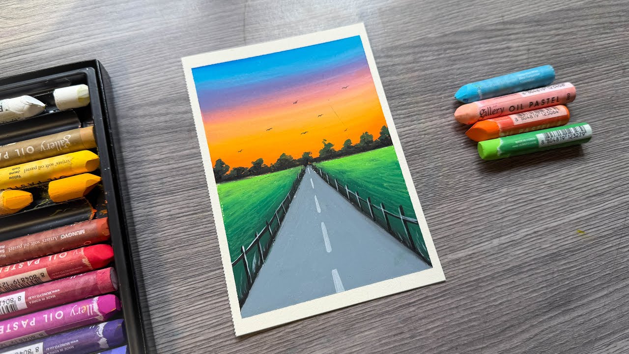 Easy Road Scenery Drawing at Sunset | Step-by-Step Oil Pastel Art