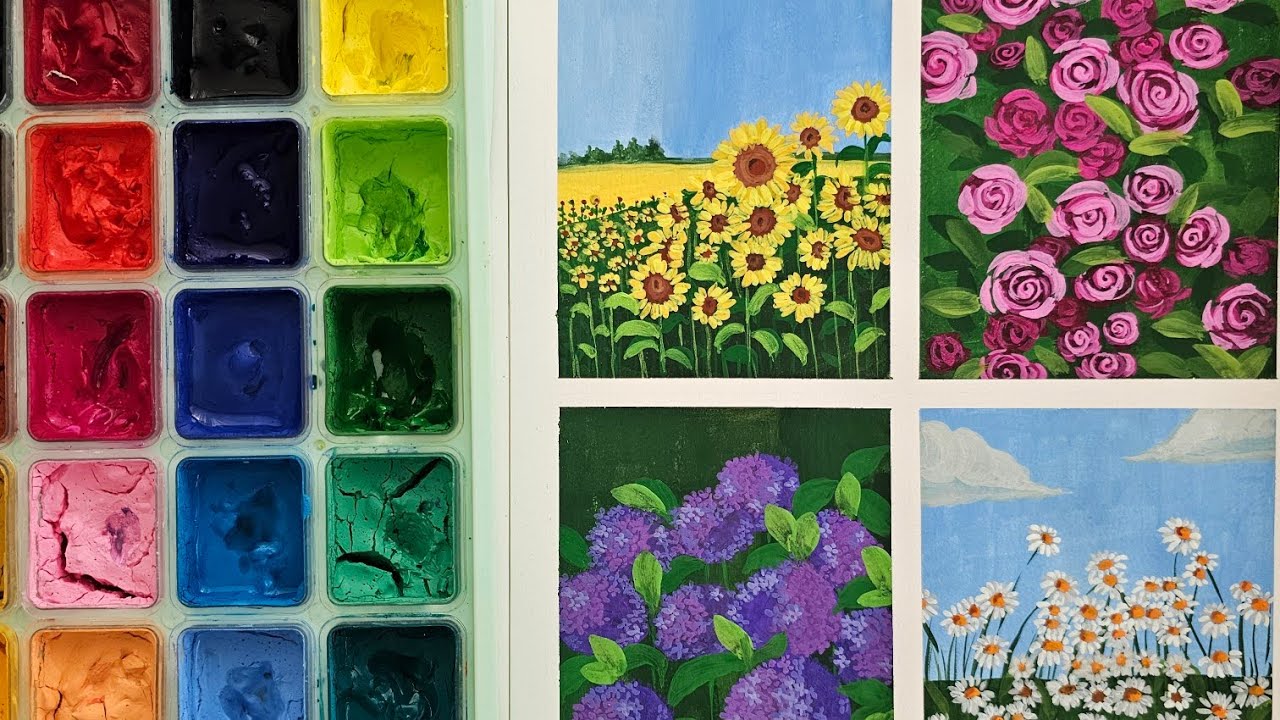 Gouache Florwer Paintings Tutorial (No Sketch!) / 4 Easy Paintings in 20 minutes With Relaxing Music